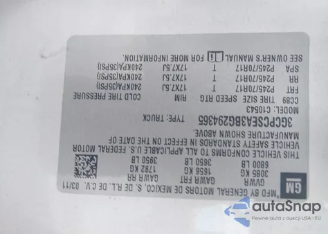 2011 Chevrolet Silverado C1500 Lt z USA, uszkodzony, nr VIN 3GCPCSEA3BG294365